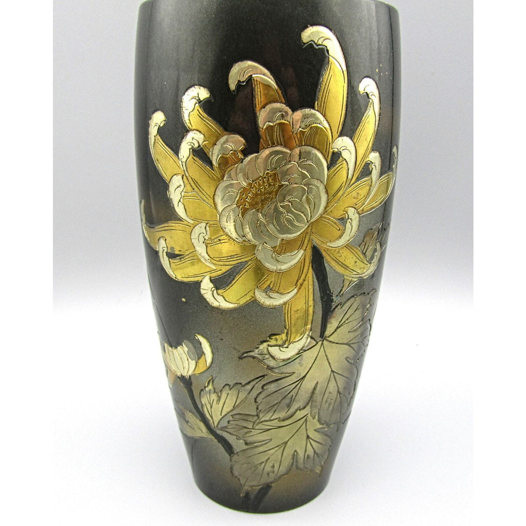 Takenoko-Kai Metal Vase w/ Gold and Silver Etched SIGNED