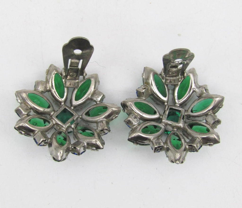 Vintage Green and Blue Rhinestone Clip-On Earrings