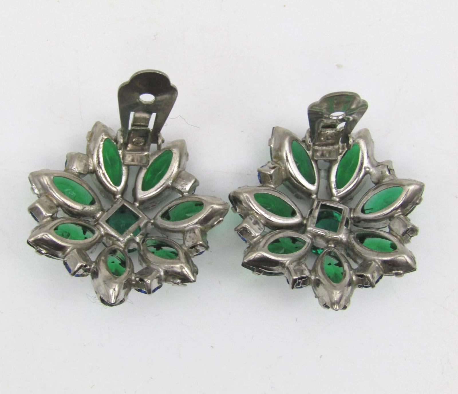Vintage Green and Blue Rhinestone Clip-On Earrings