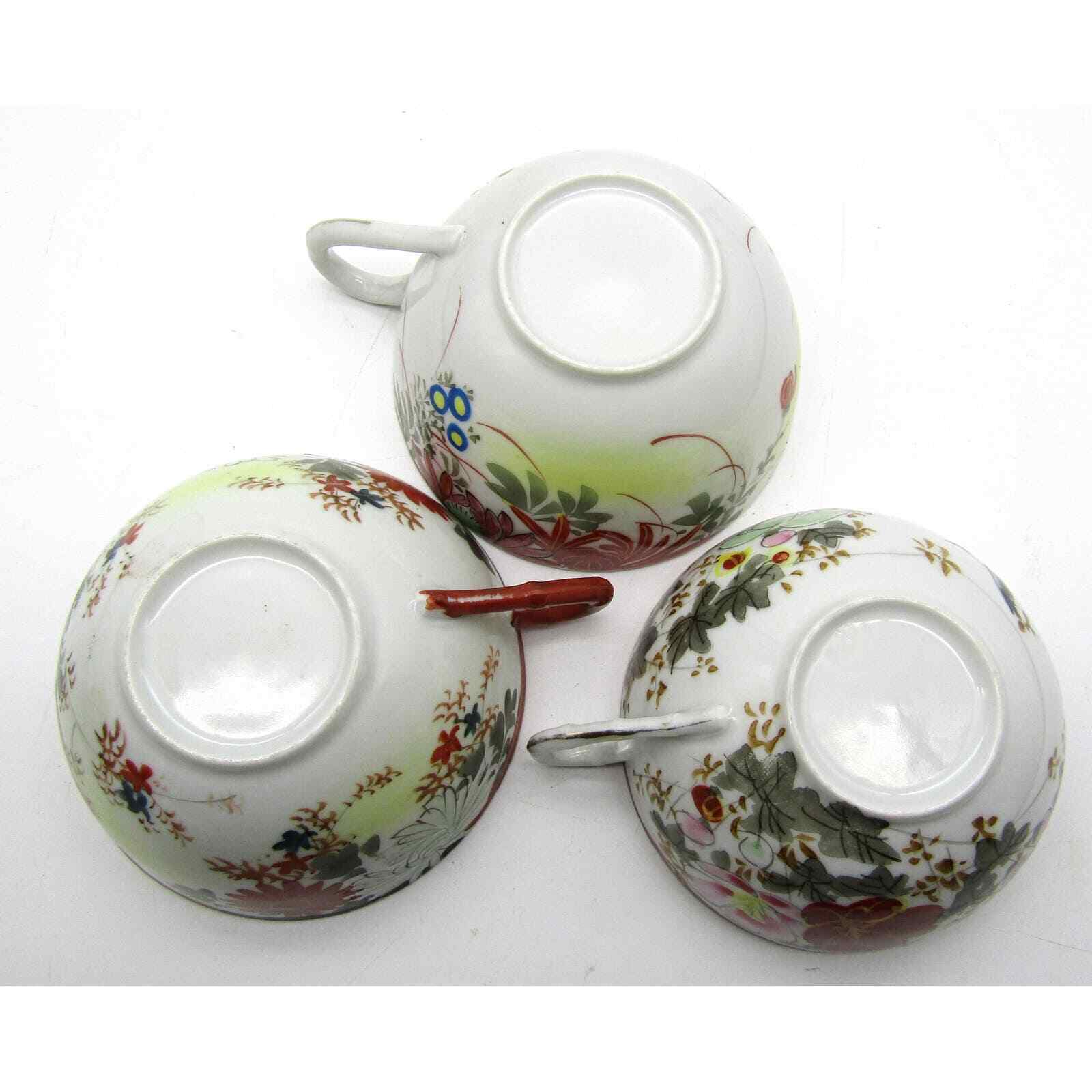 Set of 3 Japanese Cups Eggshell Porcelain Hand Painted Floral and Bird Antique