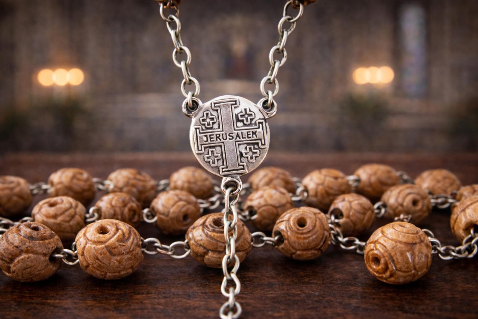 Vintage Rosary Rose Carved Olive Wood Beads Marked Jerusalem 42"