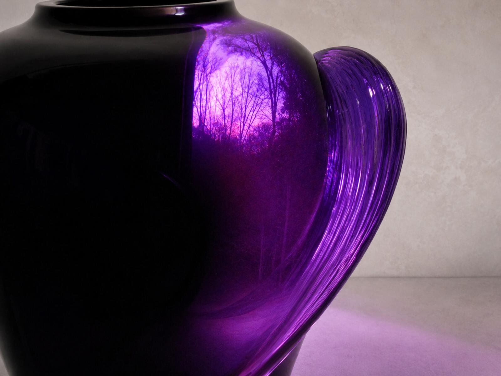 1930s Art Deco Black Amethyst Glass Handled Urn Vase Clear Applied Handles 8"
