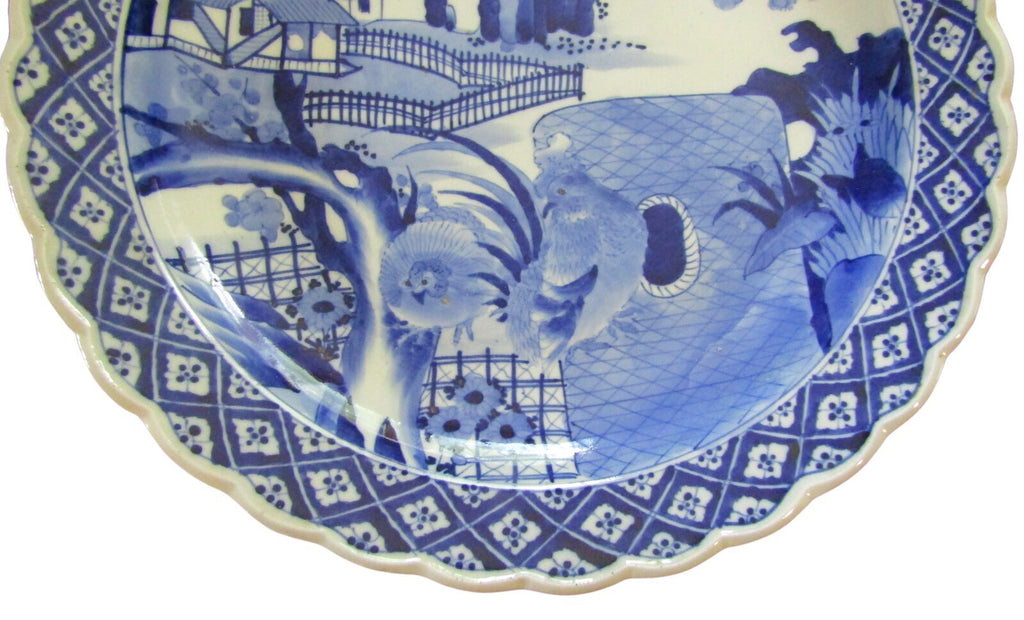 Japanese Blue & White Porcelain Charger Rooster & Hen 18th 19th C   19"