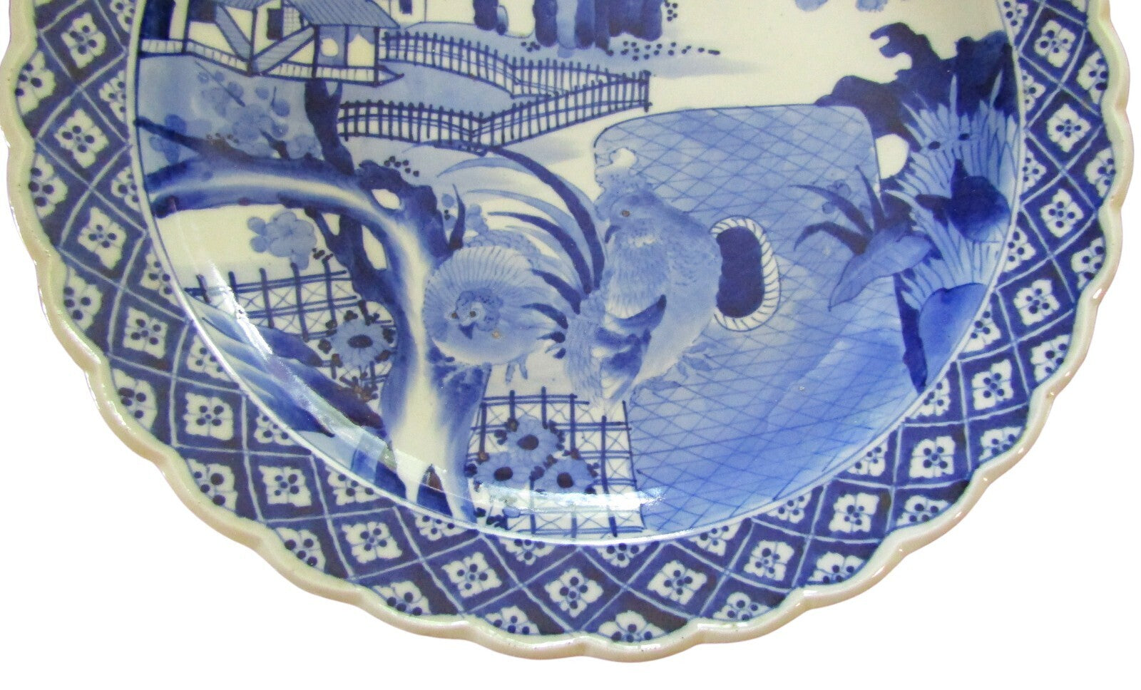 Japanese Blue & White Porcelain Charger Rooster & Hen 18th 19th C   19"