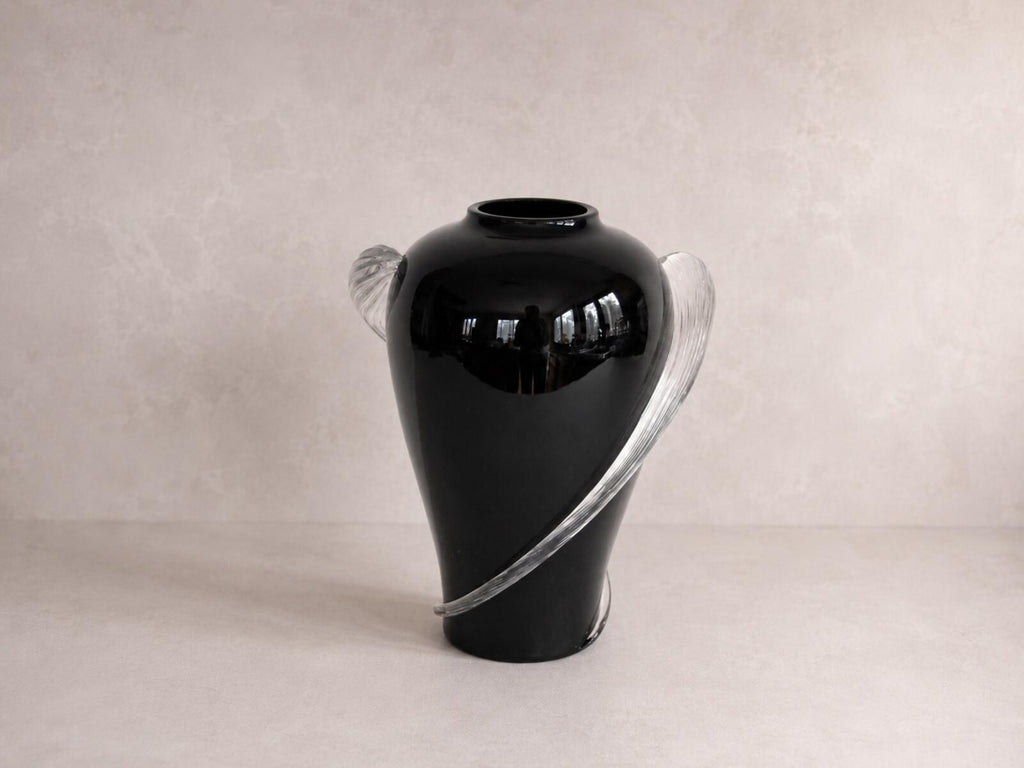 1930s Art Deco Black Amethyst Glass Handled Urn Vase Clear Applied Handles 8"