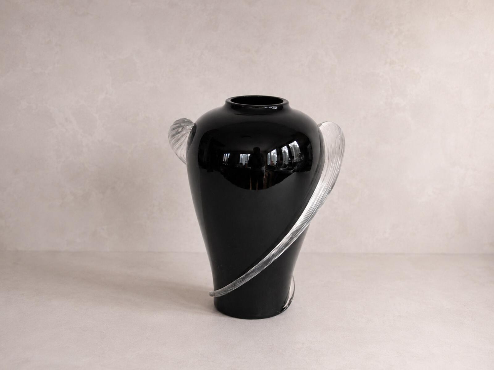 1930s Art Deco Black Amethyst Glass Handled Urn Vase Clear Applied Handles 8"