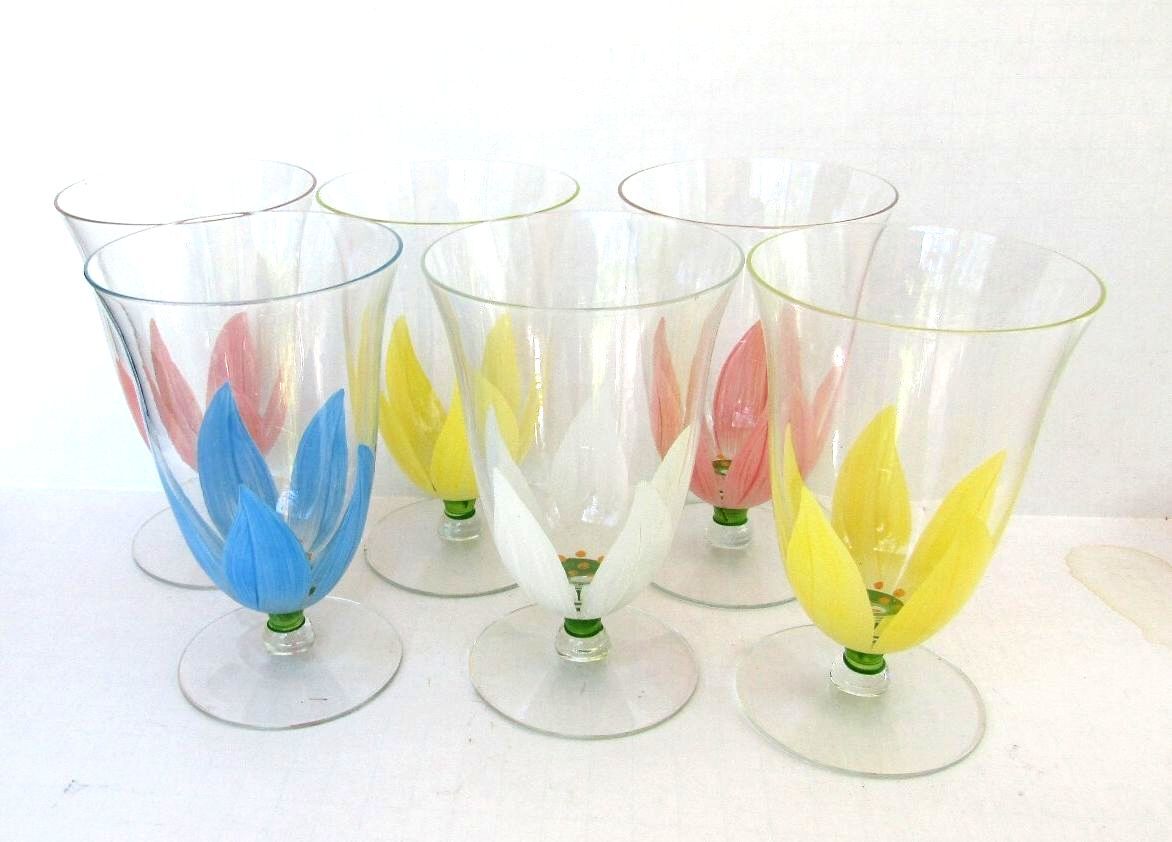 Vintage Hand Painted Tulip Glassware Set of 6 Rainbow Floral Goblets