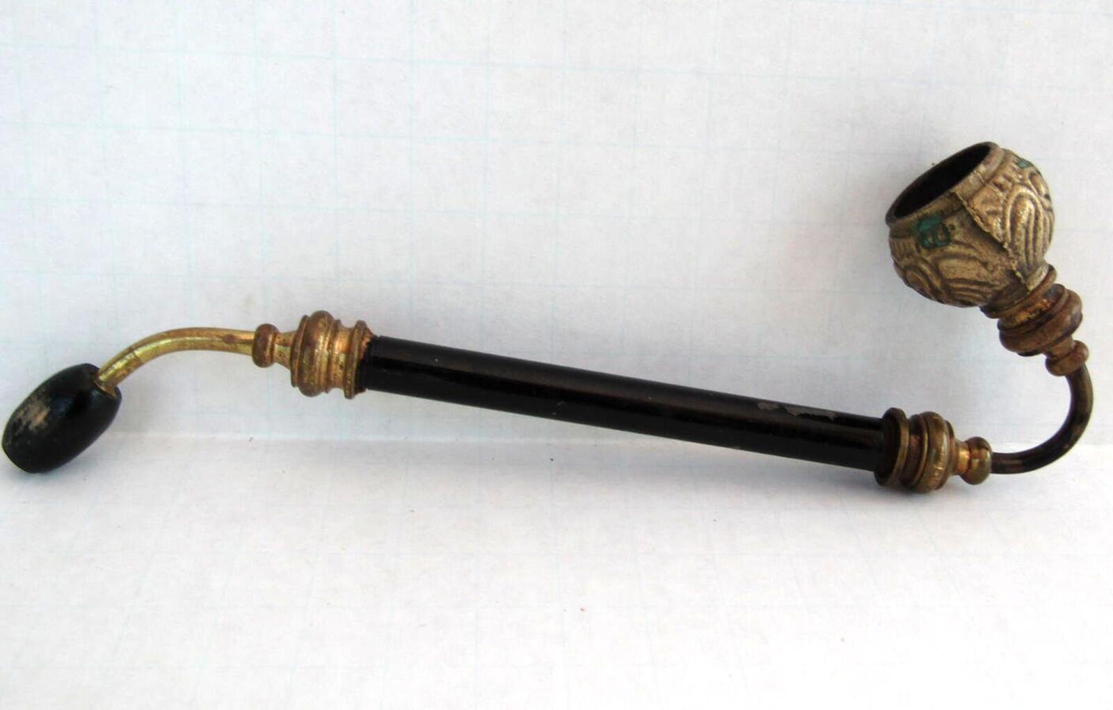 Antique Asian Long Metal Smoking Pipe Patina Decorative Brass Collectible