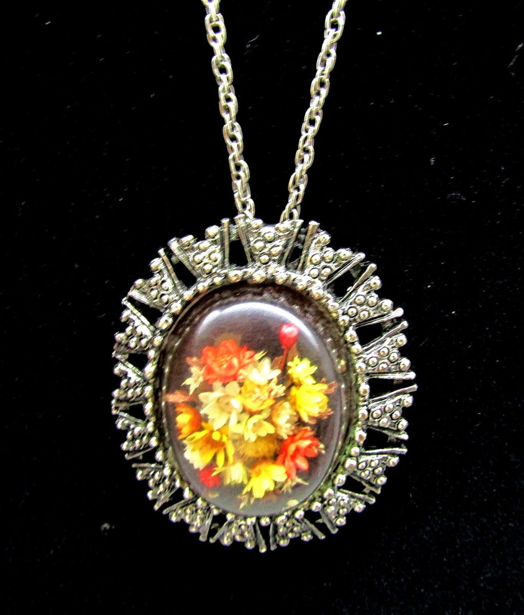Vintage Mid Century Convertible Dried Flower Pendant Brooch Pin Necklace