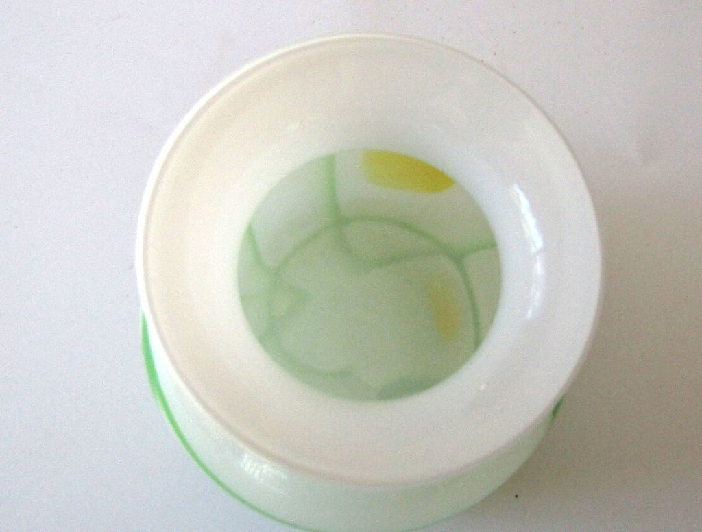Vintage Hand Blown White Cased Art Glass Vase Green Vine Yellow Spots Pontil 5"
