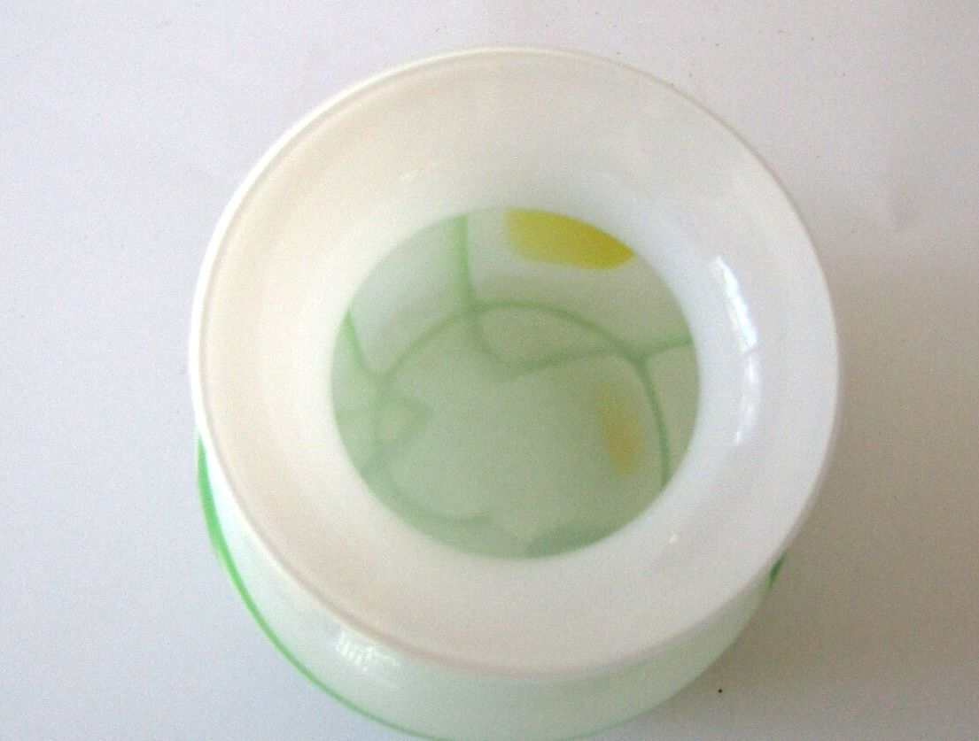 Vintage Hand Blown White Cased Art Glass Vase Green Vine Yellow Spots Pontil 5"