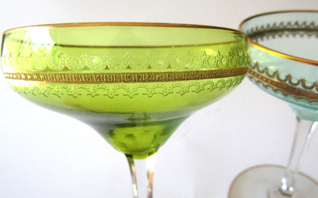 Pristine Mid Century Colored Coupe Glasses Gold Gilt Rim Champagne Cocktail Pair