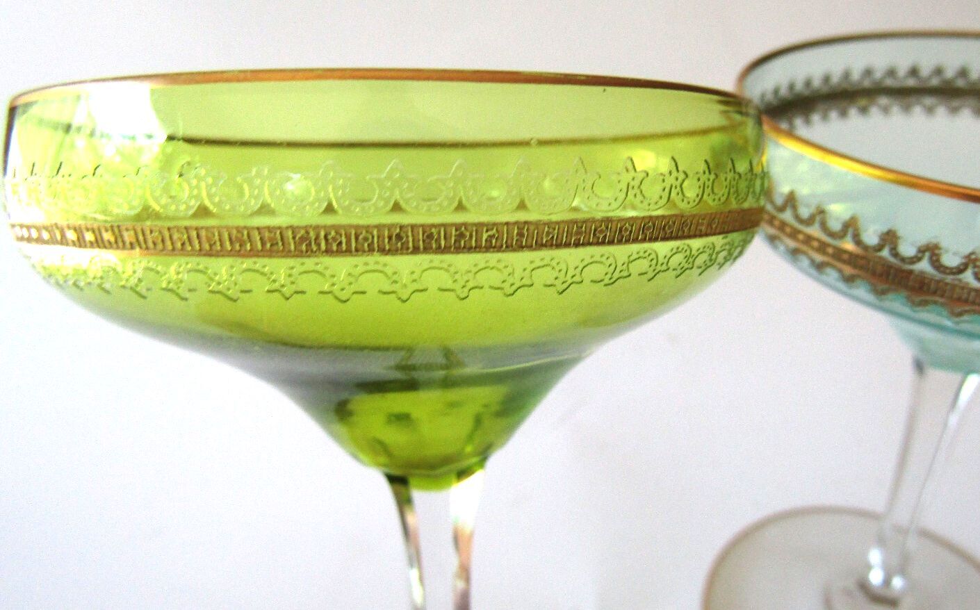 Pristine Mid Century Colored Coupe Glasses Gold Gilt Rim Champagne Cocktail Pair