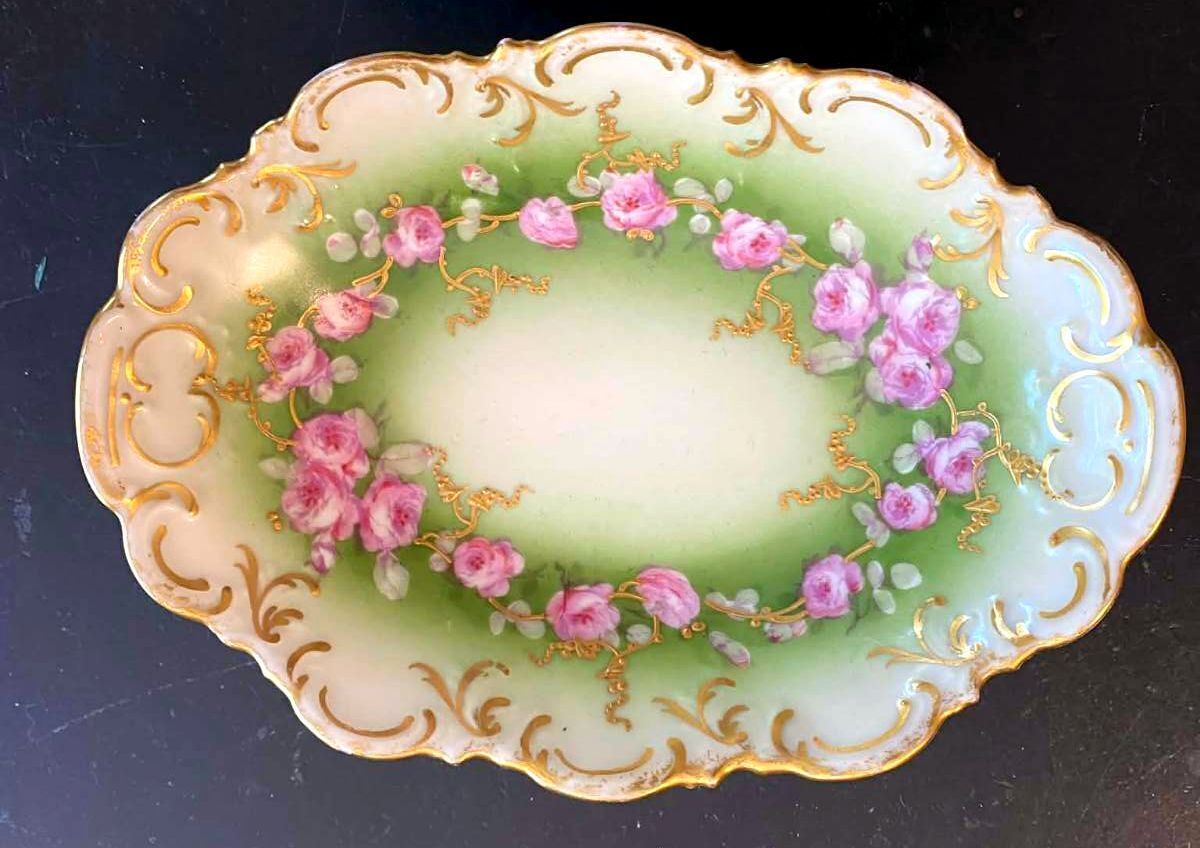 Antique AK Limoges France Porcelain Pickle Relish Dishes Pink Roses Pair