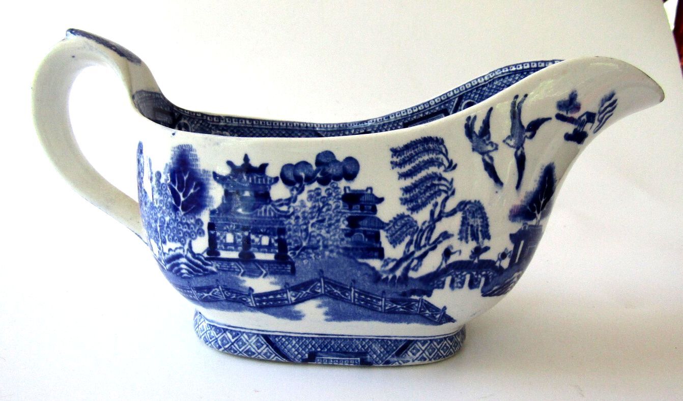 Antique Ridgway Blue Willow Gravy Boat 1832 Bow & Quiver Stamp England
