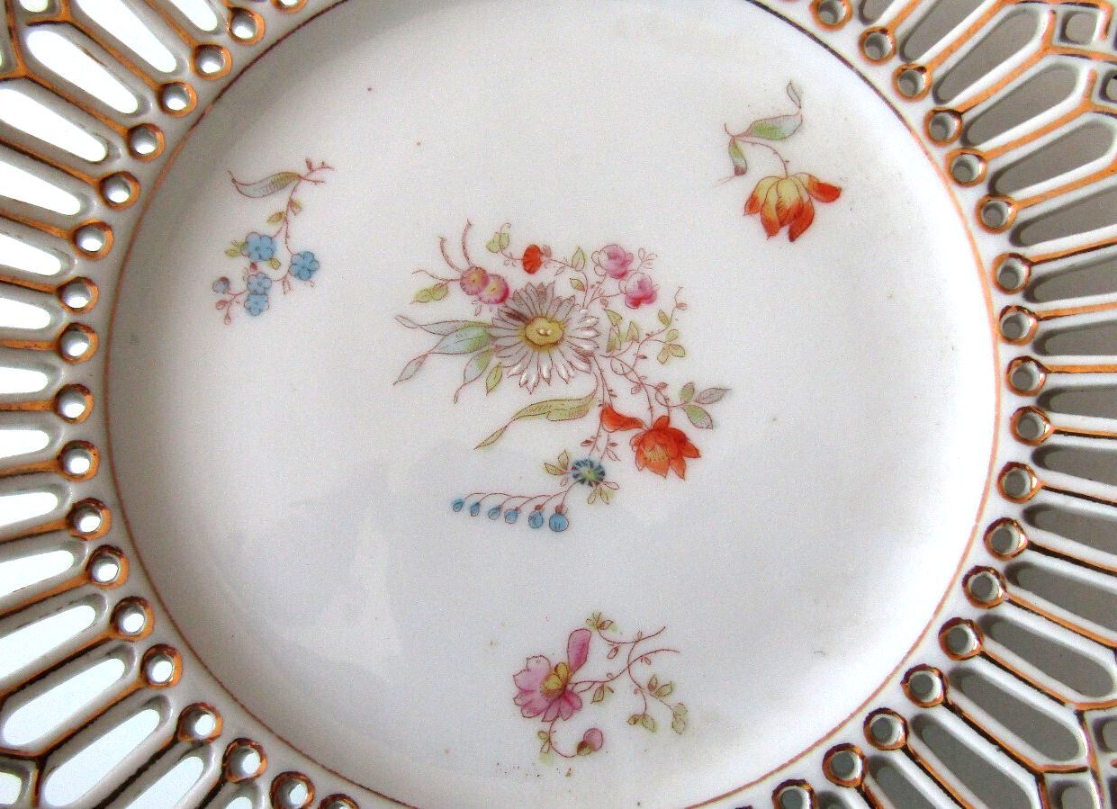 Antique Reticulated Porcelain Floral Plate 6.25" Pierced Lattice Rim Perfect