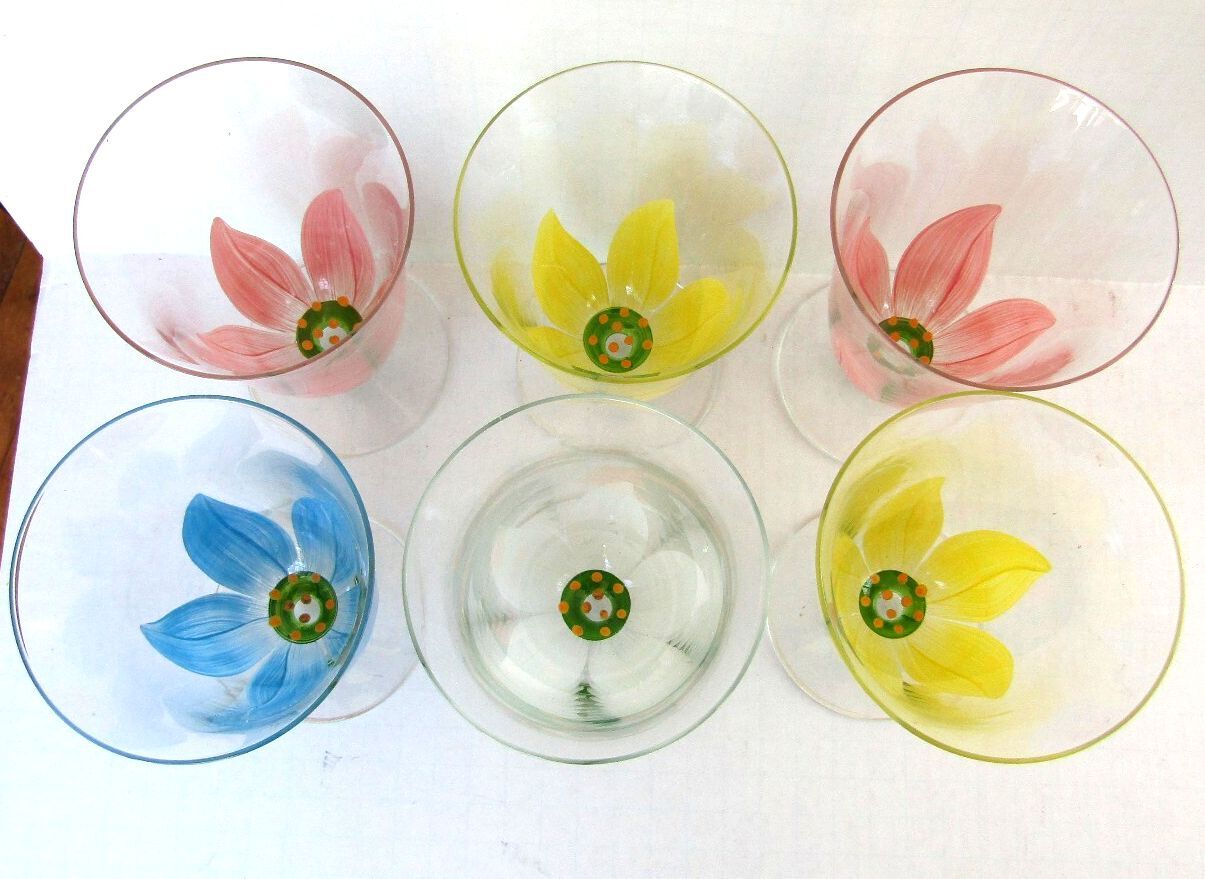 Vintage Hand Painted Tulip Glassware Set of 6 Rainbow Floral Goblets