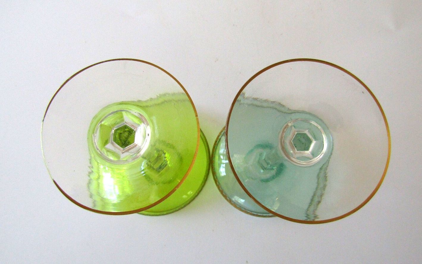 Pristine Mid Century Colored Coupe Glasses Gold Gilt Rim Champagne Cocktail Pair