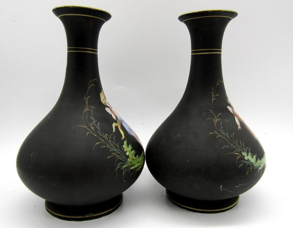 Antique Pair French Old Paris Porcelain Cherub Putti Vases Matte Black 5.5"