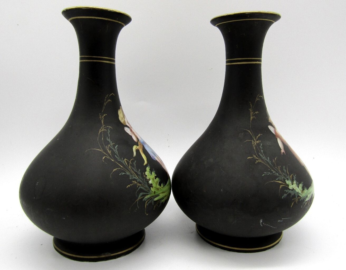 Antique Pair French Old Paris Porcelain Cherub Putti Vases Matte Black 5.5"