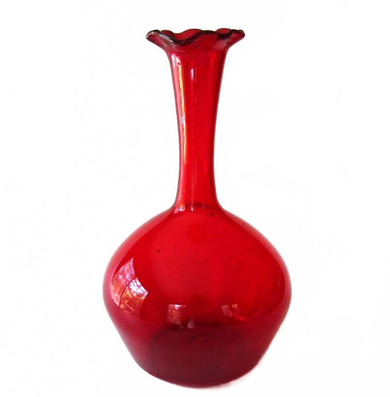 Vintage Ruby Red Hand Blown Glass Onion Bud Vase 7-5/8" Ruffled Rim Pontil Base