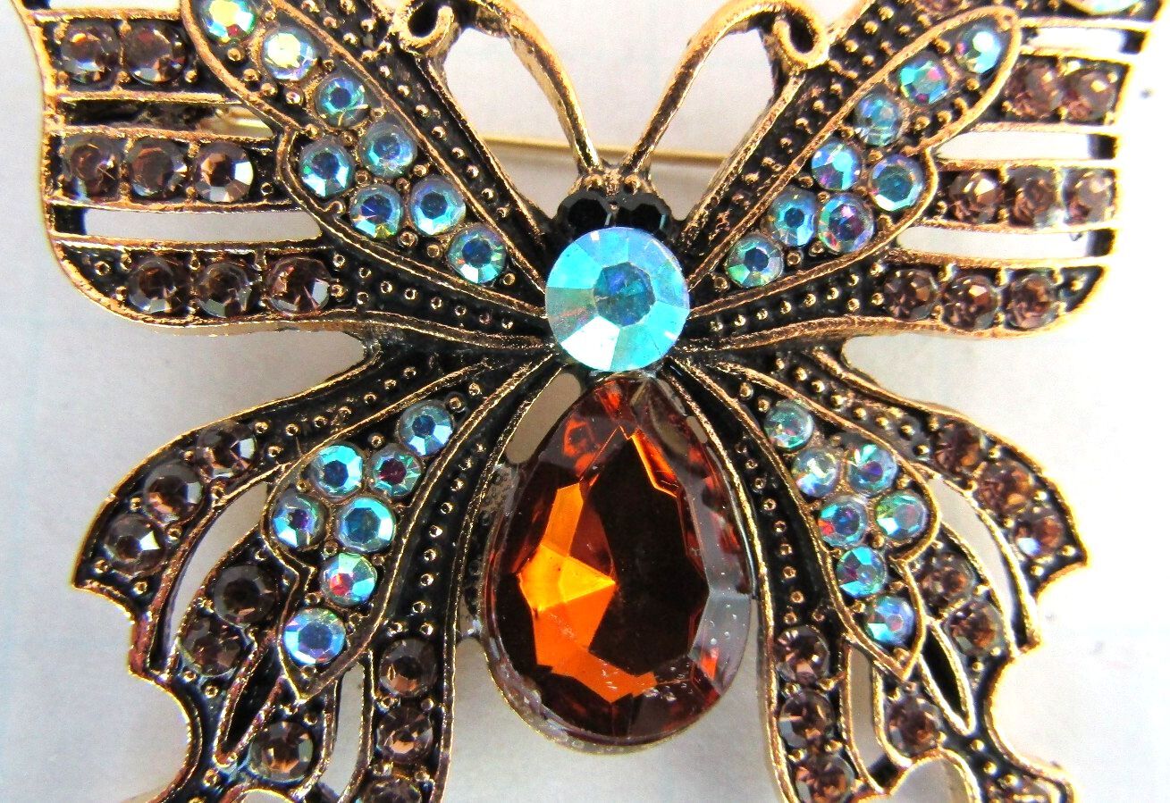Vintage Butterfly Brooch with Blue and Amber Rhinestones