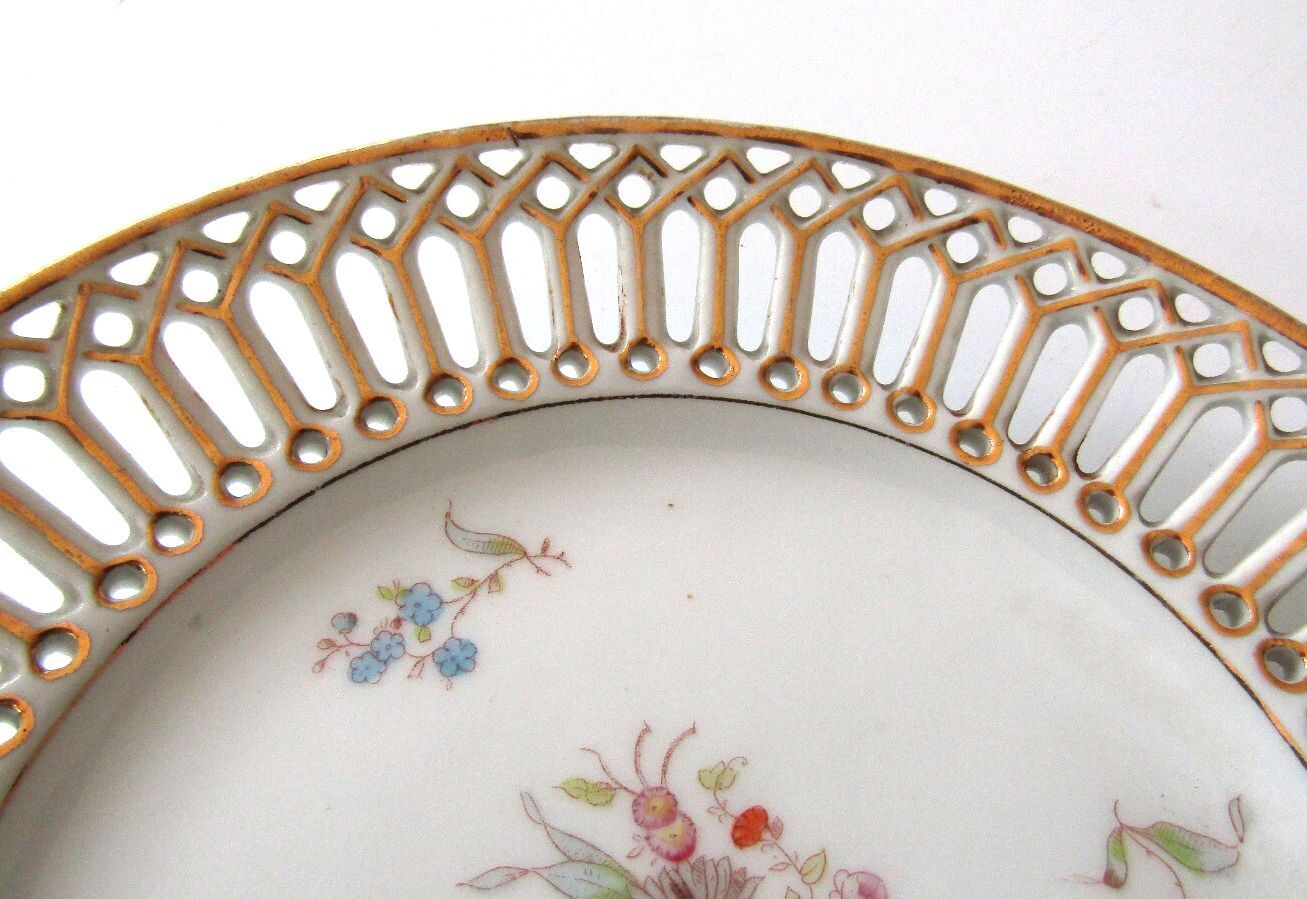 Antique Reticulated Porcelain Floral Plate 6.25" Pierced Lattice Rim Perfect