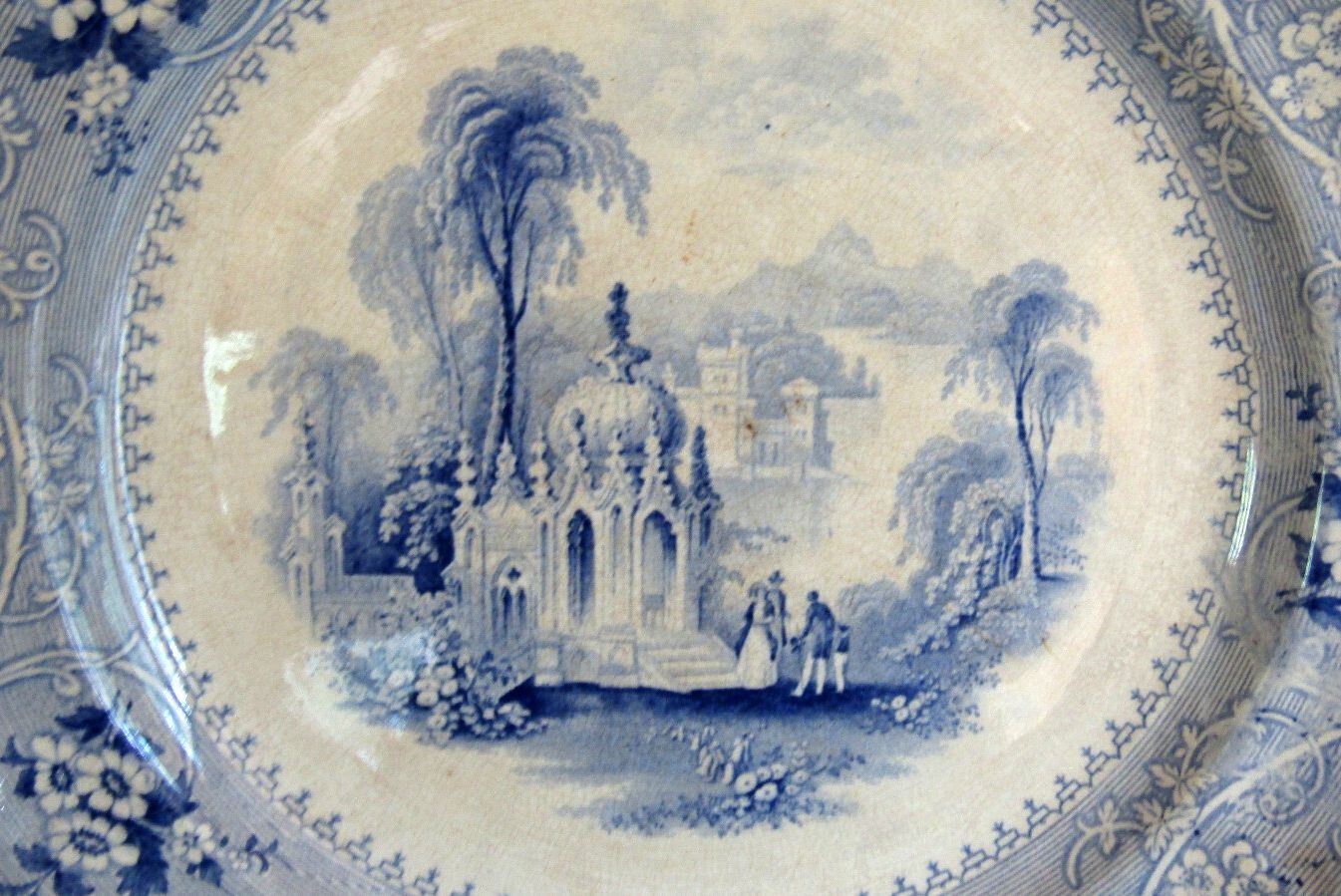 Antique W Adams Columbia Pattern Blue Ironstone 10.5" Deep Dinner Rim Plate