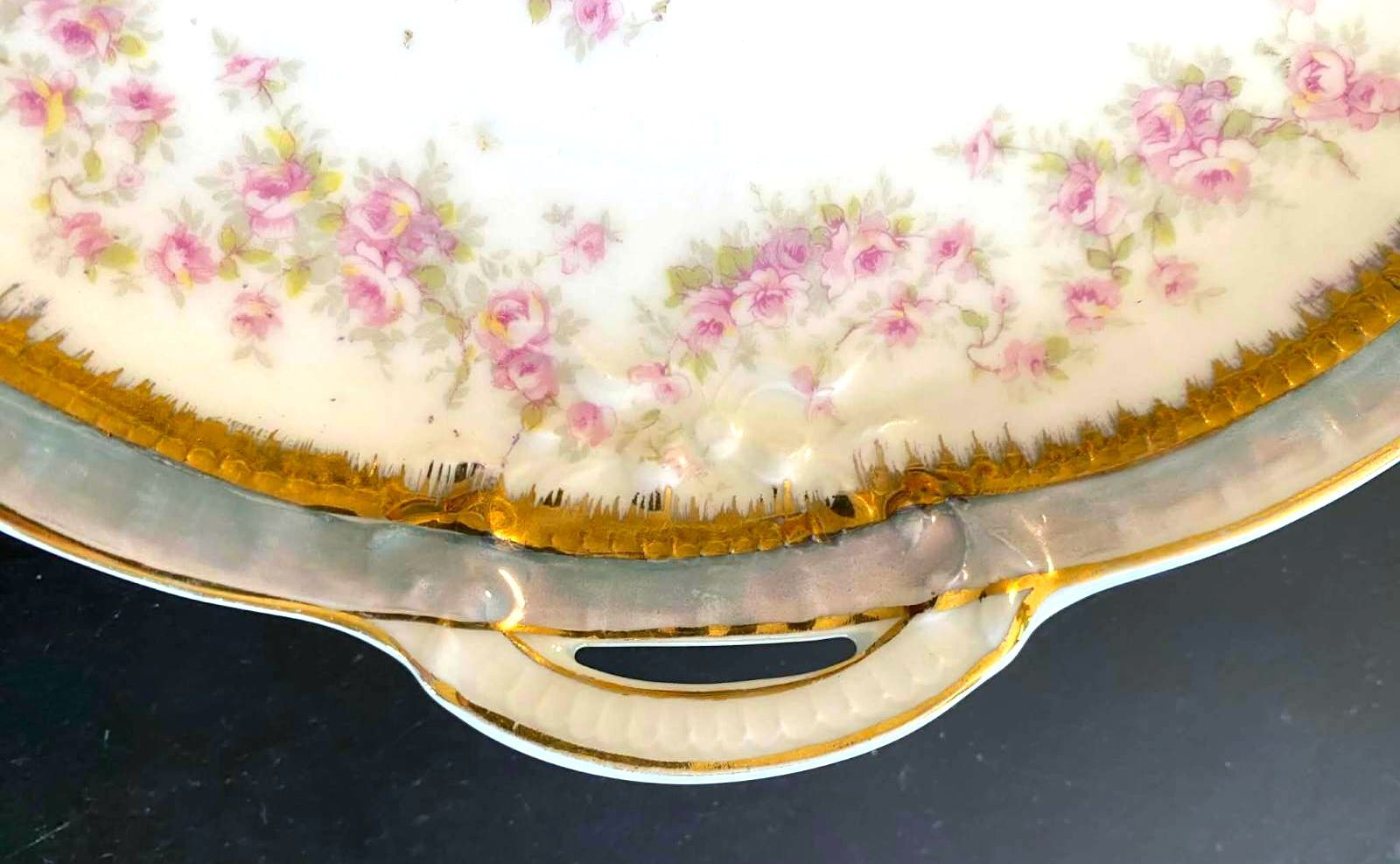 Antique Rosenthal Bavaria Handled Cake Plate Portrait Pink Roses Gilt Tray 10.5
