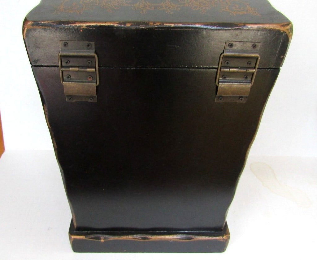 Vintage Chinoiserie Wood Decanter Chest Velvet Lined Tabletop Barware Caddy
