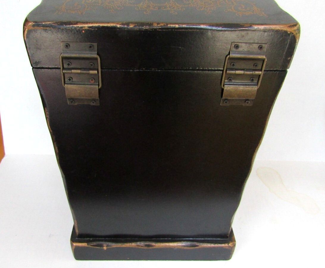 Vintage Chinoiserie Wood Decanter Chest Velvet Lined Tabletop Barware Caddy