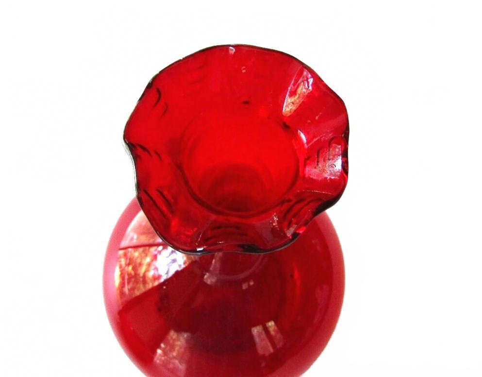 Vintage Ruby Red Hand Blown Glass Onion Bud Vase 7-5/8" Ruffled Rim Pontil Base