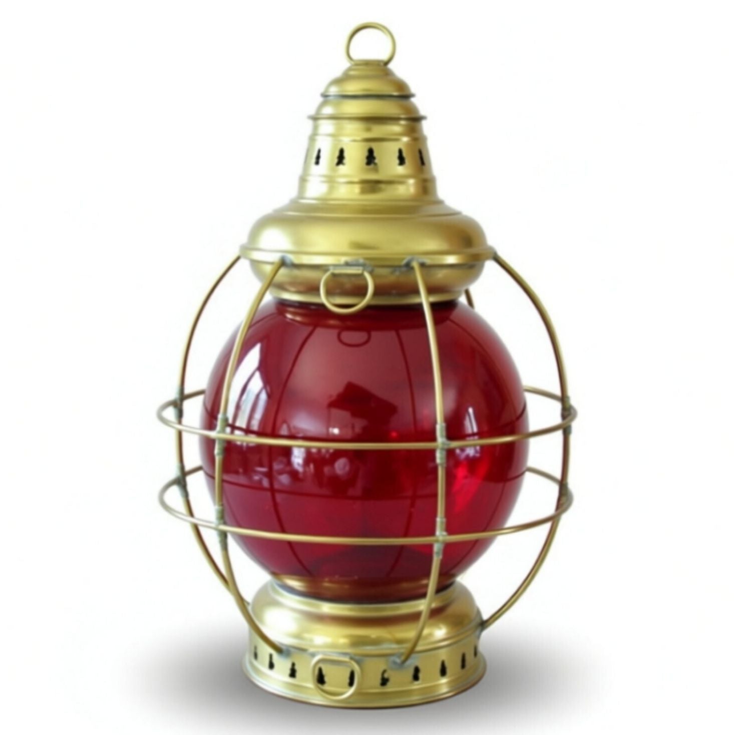 Antique Perkins Brass Onion Lantern 20" Ruby Red Glass Nautical Ship Oil Lamp