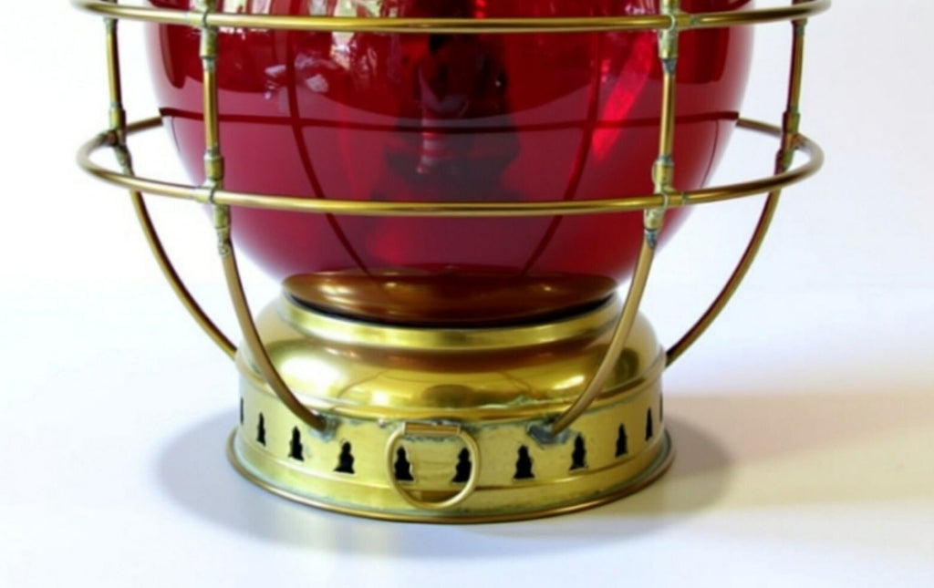 Antique Perkins Brass Onion Lantern 20" Ruby Red Glass Nautical Ship Oil Lamp