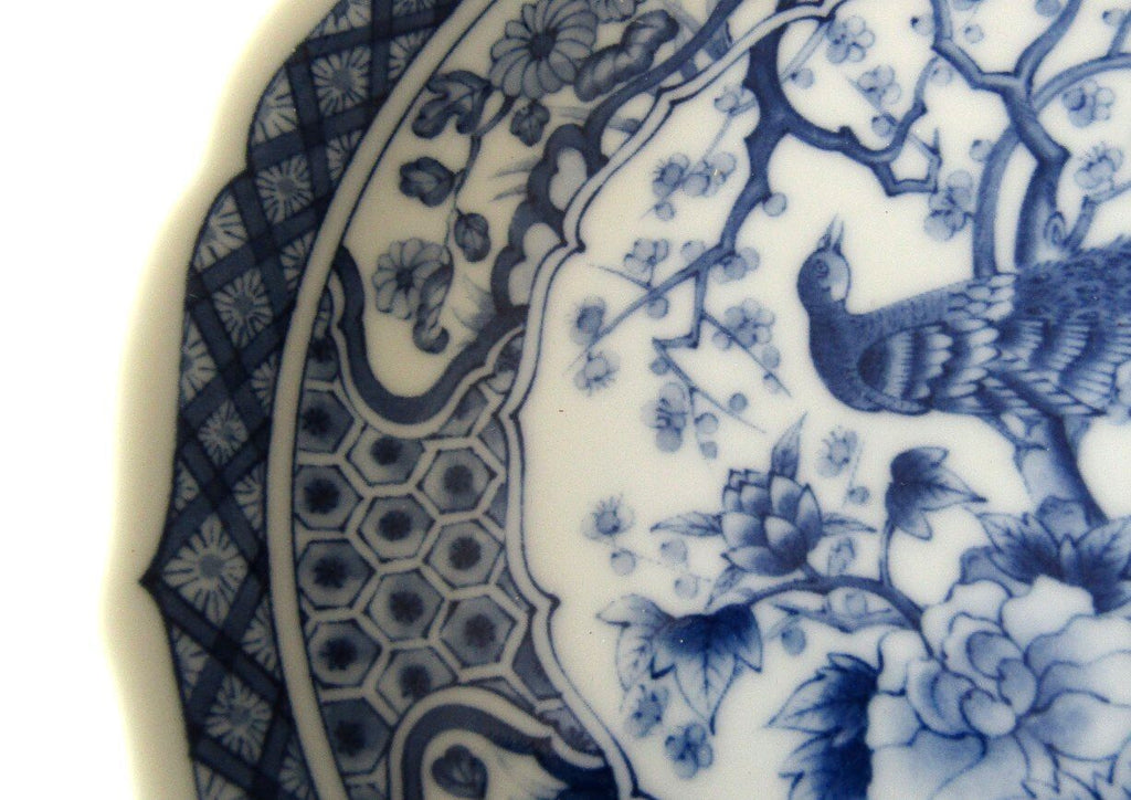 Vintage Japanese Blue & White Porcelain Peacock Small 6.5" Scalloped Bowl