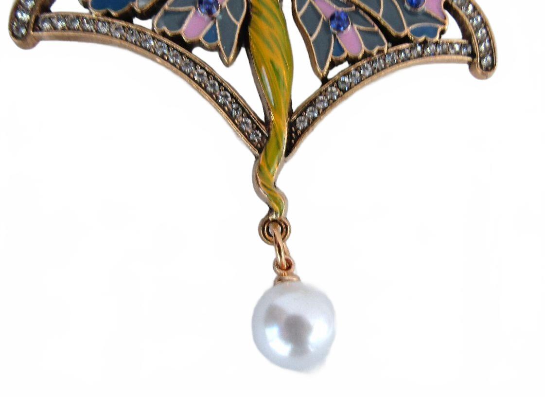 Vintage Art Nouveau Style Fairy Brooch with Enamel, Clear Crystals & Pearl Drop