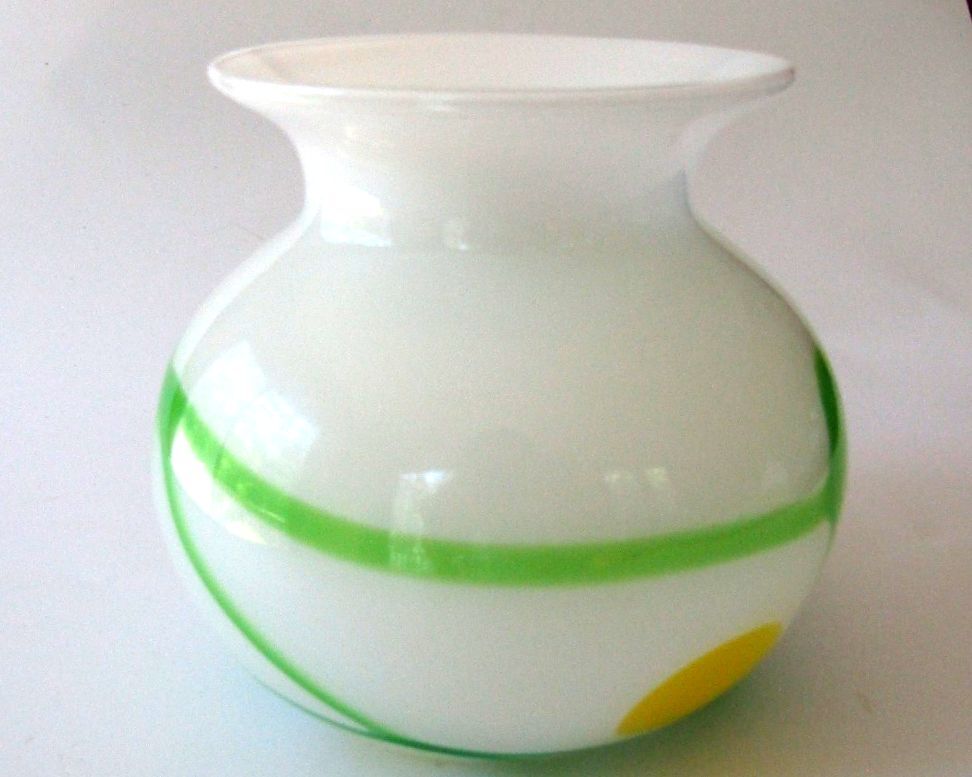 Vintage Hand Blown White Cased Art Glass Vase Green Vine Yellow Spots Pontil 5"