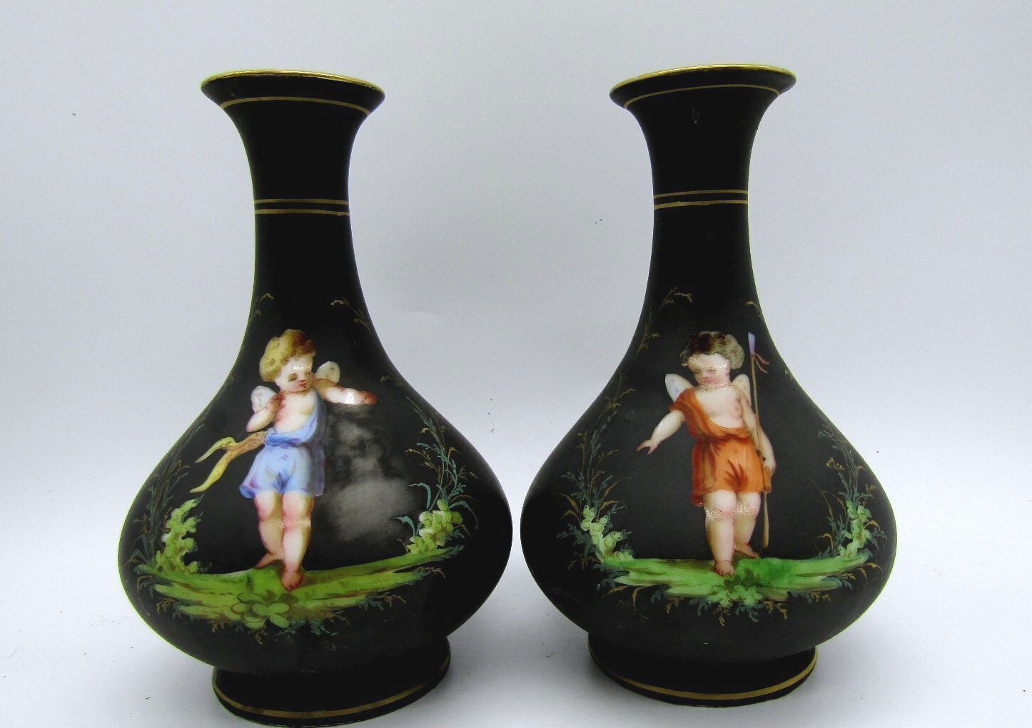 Antique Pair French Old Paris Porcelain Cherub Putti Vases Matte Black 5.5"