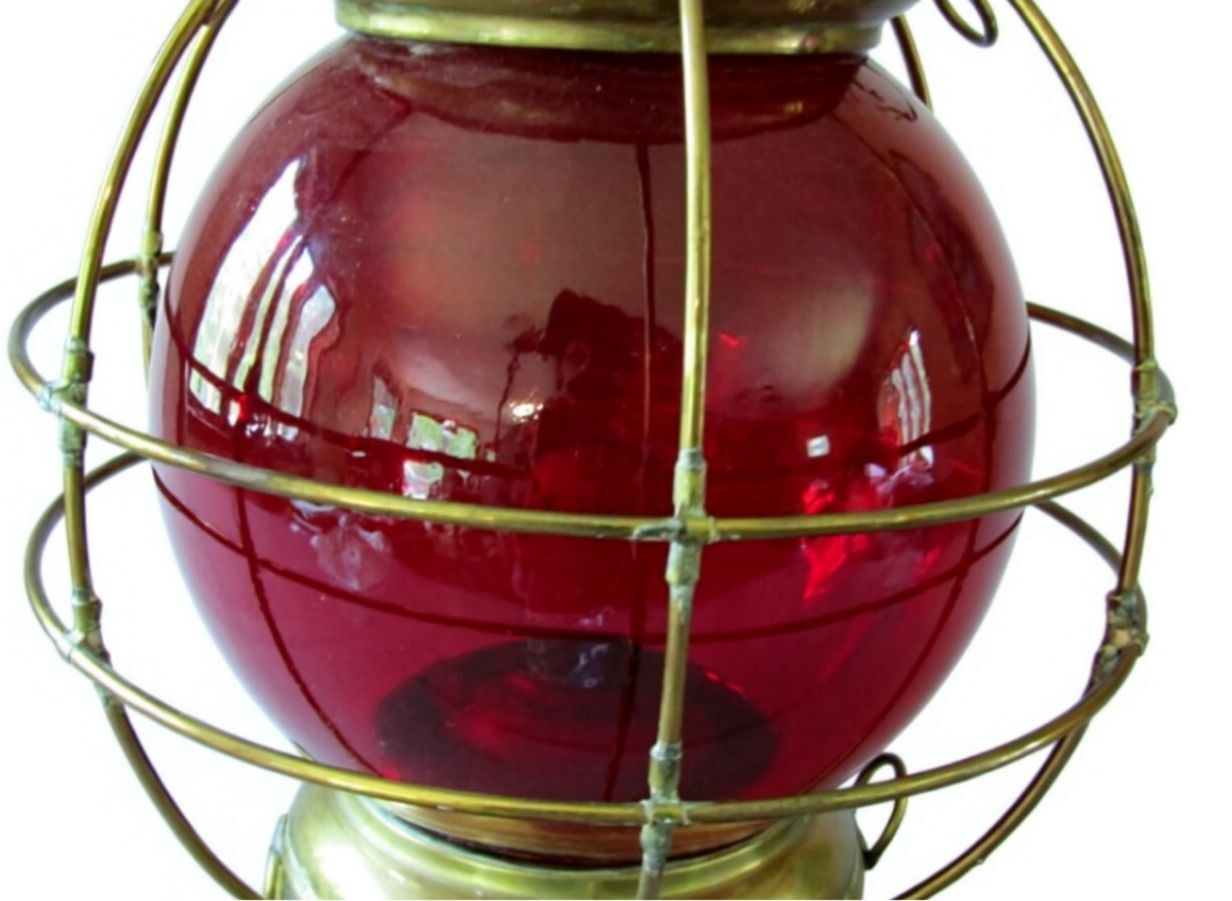 Antique Perkins Brass Onion Lantern 20" Ruby Red Glass Nautical Ship Oil Lamp