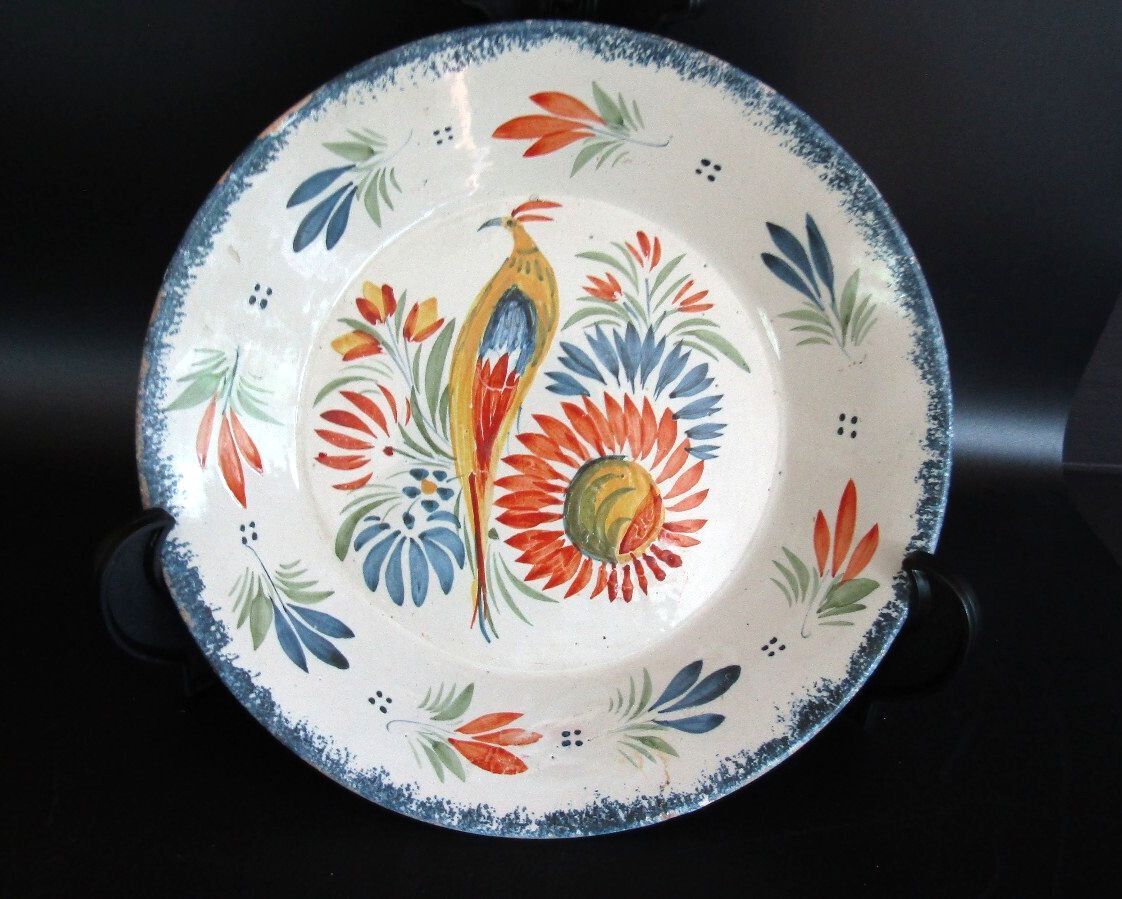 Henriot Quimper France 114 Hand Painted Bird Faience Plate Vintage