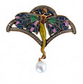 Vintage Art Nouveau Style Fairy Brooch with Enamel, Clear Crystals & Pearl Drop