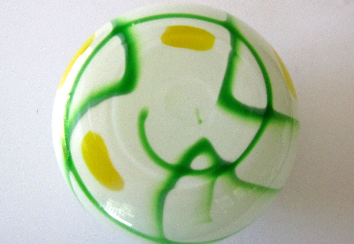 Vintage Hand Blown White Cased Art Glass Vase Green Vine Yellow Spots Pontil 5"