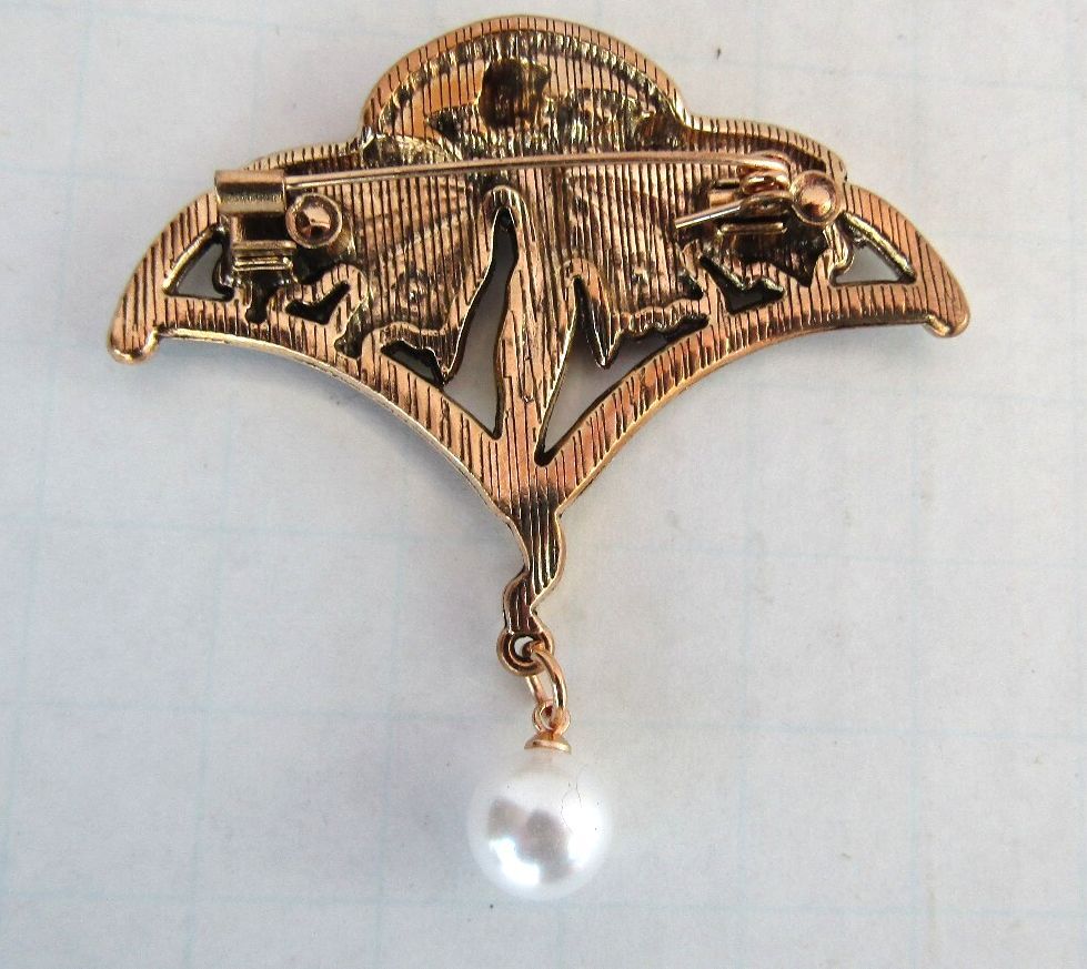 Vintage Art Nouveau Style Fairy Brooch with Enamel, Clear Crystals & Pearl Drop