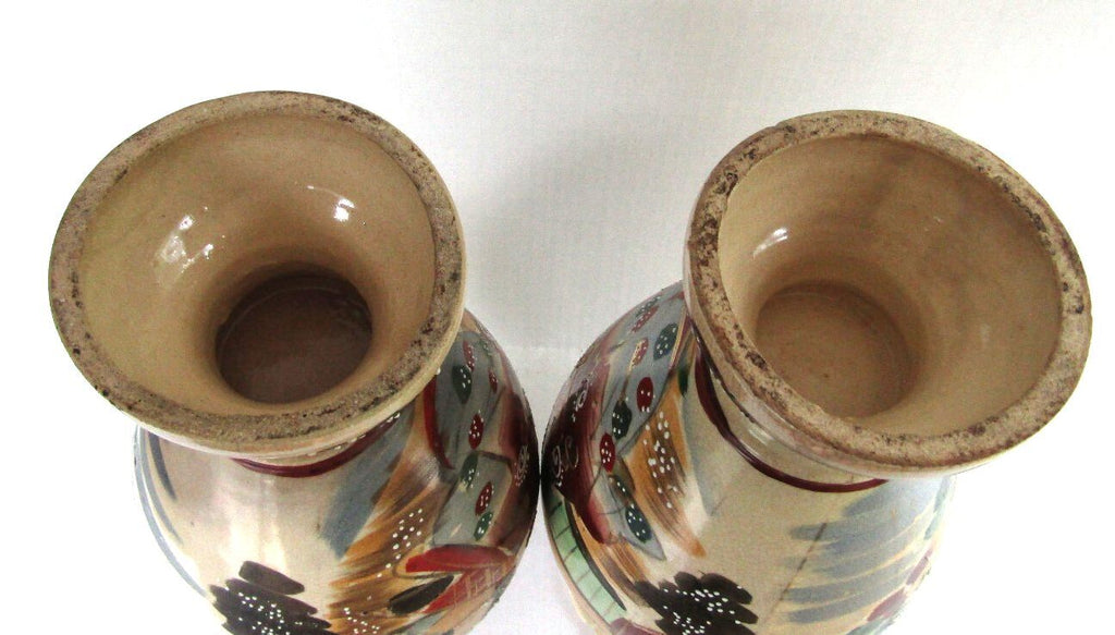 Antique Japanese Satsuma Moriage Vases - Matched Pair 13.5" Meiji Taisho 1910's