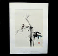 Vintage Japanese Woodblock Print Sparrows and Bamboo Chikanobu C Kano Matted