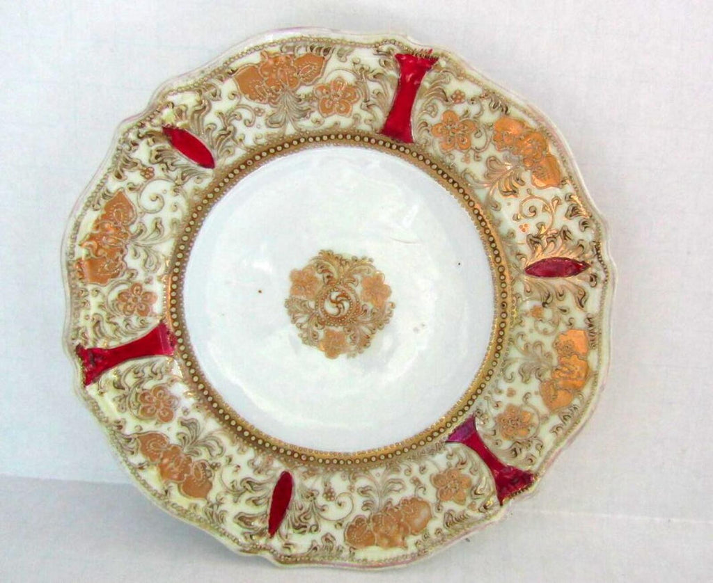 Antique Noritake RC Nippon Moriage Dessert Plates Pair Red Gold Scalloped