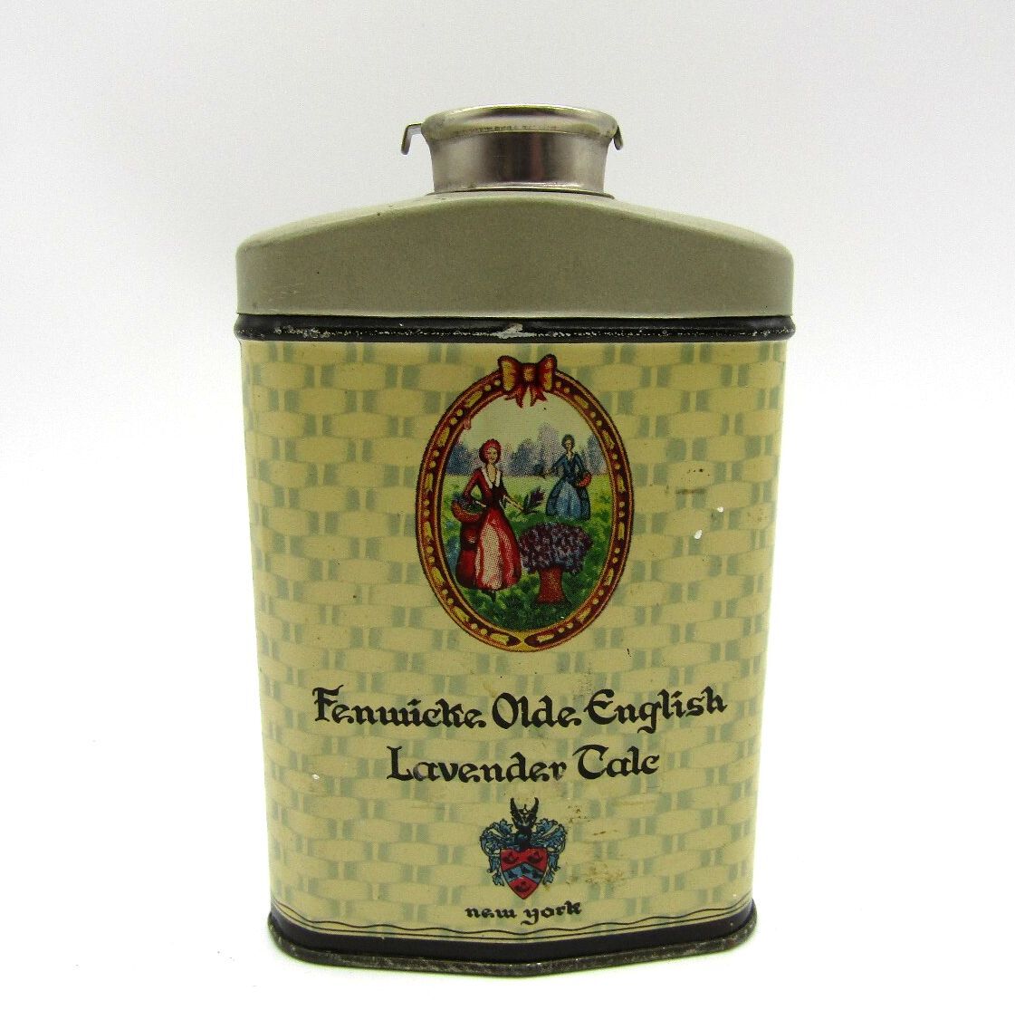 Vintage 1940s Fenwicke Old English Lavender Talc Tin Shaker Apothecary