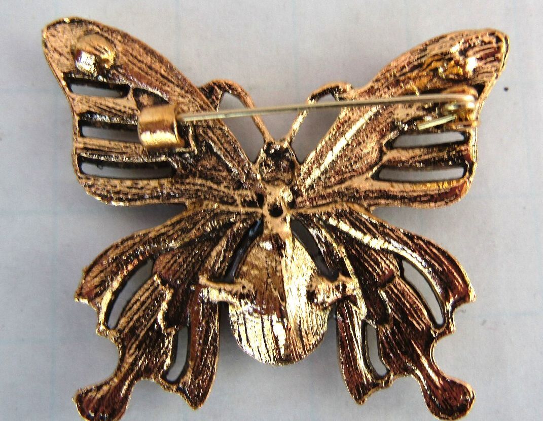 Vintage Butterfly Brooch with Blue and Amber Rhinestones