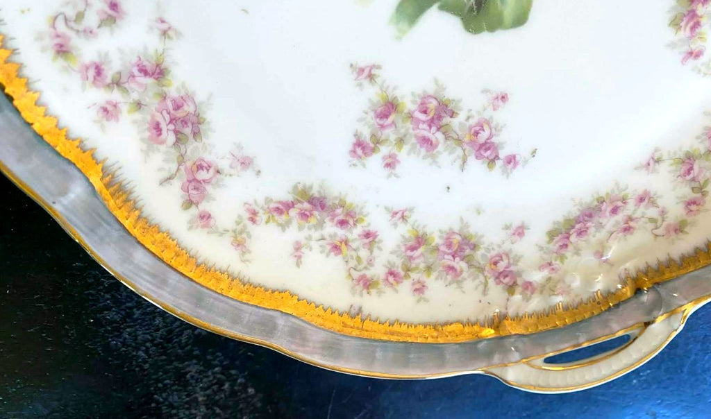 Antique Rosenthal Bavaria Handled Cake Plate Portrait Pink Roses Gilt Tray 10.5
