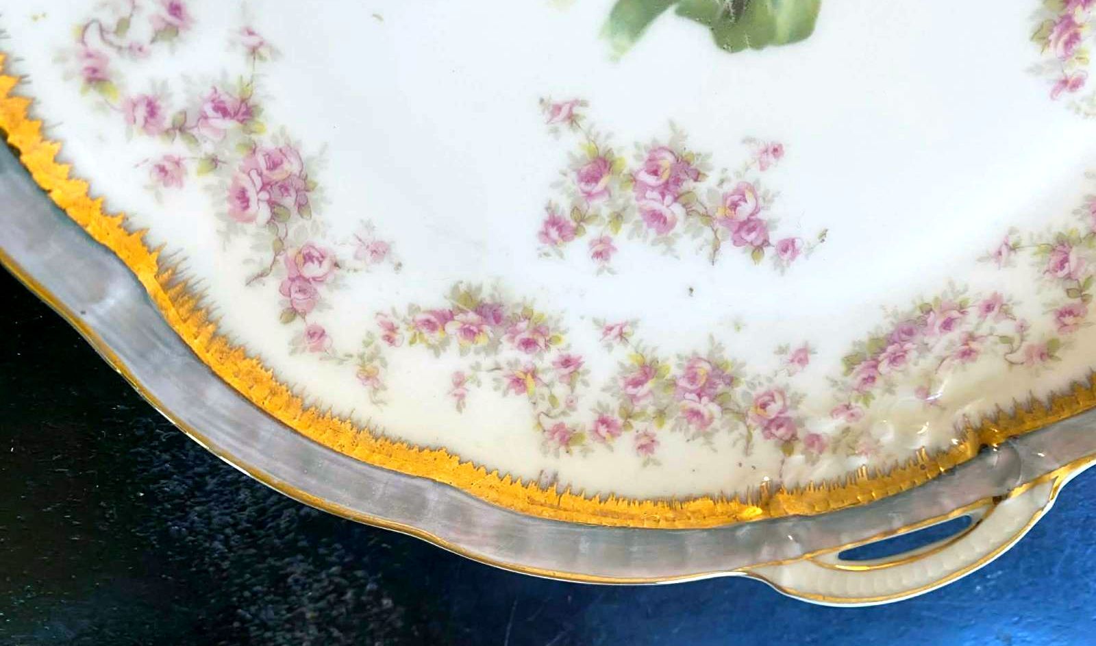 Antique Rosenthal Bavaria Handled Cake Plate Portrait Pink Roses Gilt Tray 10.5